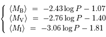 \left\lbrace \begin{array}{l} \langle M _{\mathrm{B}}\rangle \ =\ -2.43 \log{P} - 1.07 \\ \langle M _{\mathrm{V}}\rangle \ =\ -2.76 \log{P} - 1.40 \\ \langle M _{\mathrm{I}}\rangle \ =\ -3.06 \log{P} - 1.81 \end{array} \right.