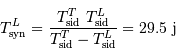 T _{\mathrm{syn}}^L = {T _{\mathrm{sid}}^T\ T _{\mathrm{sid}}^L\over T _{\mathrm{sid}}^T - T _{\mathrm{sid}}^L} = 29.5 \ \mathrm{j}