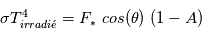 \sigma T_{irradi\'e}^4 = F_*~cos(\theta)~(1-A)